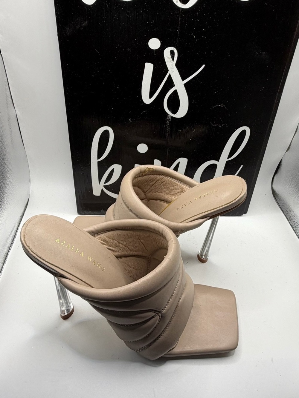 Azalea Wang Penthouse Party Taupe Quilted Heels with Clear Stiletto